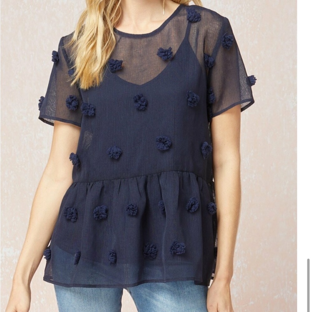 Entro Sheer Pom Pom Peplum Blouse | Navy | Size Large